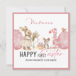 Personlig First Påsk Card, Bunny, 2 ägg rosa Julkort