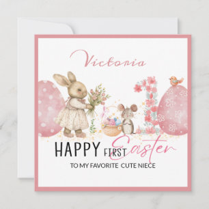 Personlig First Påsk Card, Bunny, 2 ägg rosa Julkort