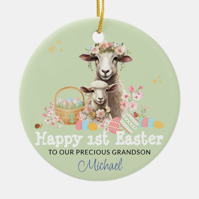 Personlig First Påsk keepsaki GRÖNT Lamb Julgransprydnad Keramik (Framsidan)