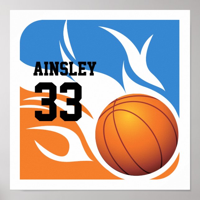 Personlig Flaming Basketball Blue och Orange Poster (Framsidan)