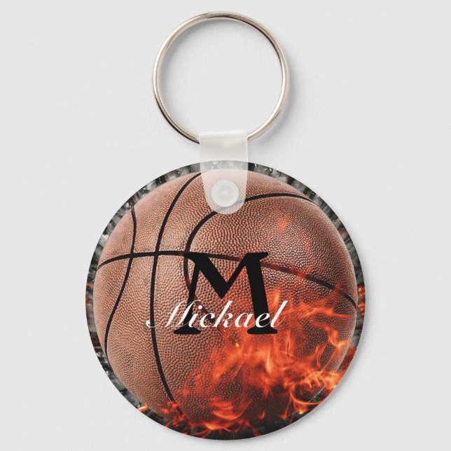 Personlig Flaming Basketball Keychain Nyckelring (Framsida)