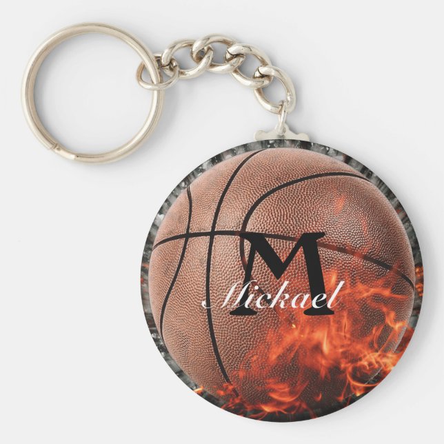 Personlig Flaming Basketball Keychain Nyckelring (Framsidan)