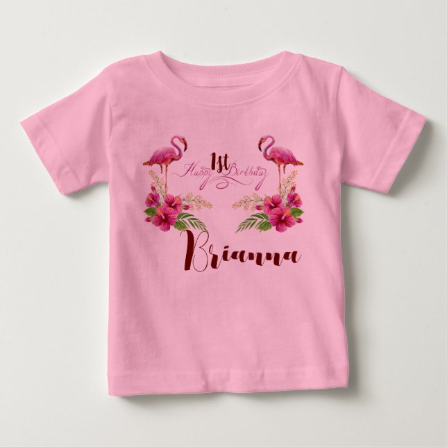 Personlig Flamingo Hibiskus Rosa Girlaktig Födelse T Shirt (Framsida)