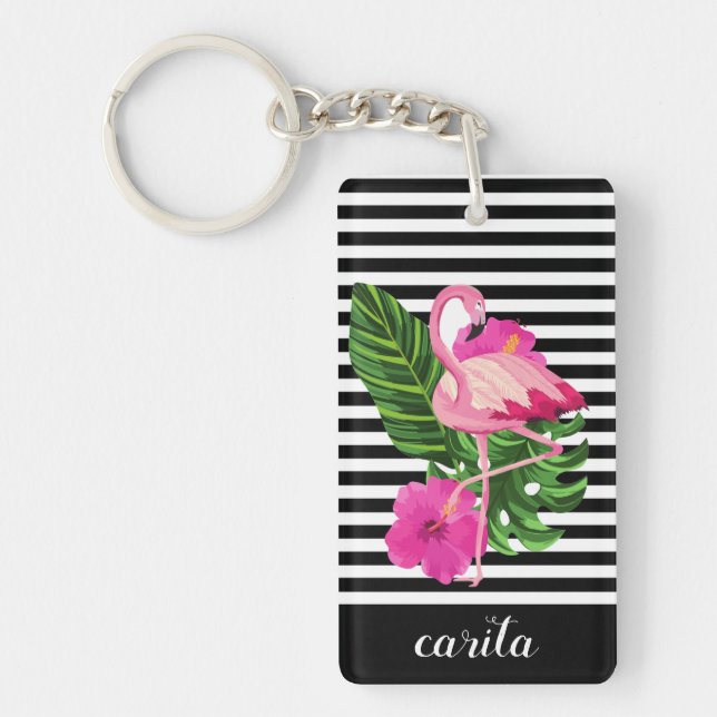 Personlig Flamingo Stripe Acrylic Keychain Nyckelring (Framsidan)