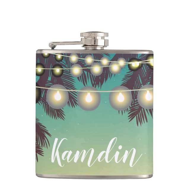 Personlig Flask Beach Sunset Handflatan Träd Strin Fickplunta (Framsidan)