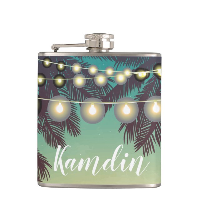Personlig Flask Beach Sunset Handflatan Träd Strin Fickplunta (Framsidan)