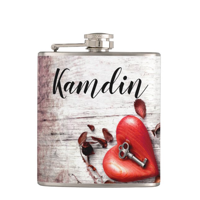 Personlig Flask Land Wood Nyckel till mitt hjärta  Fickplunta (Framsidan)