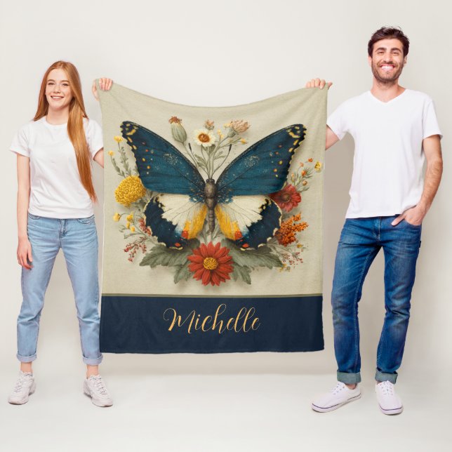 Personlig fleecefilt fjäril blommig  (På plats)
