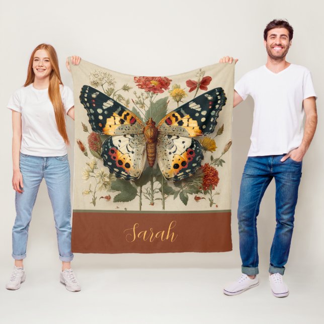 Personlig fleecefilt fjäril blommig tan (På plats)