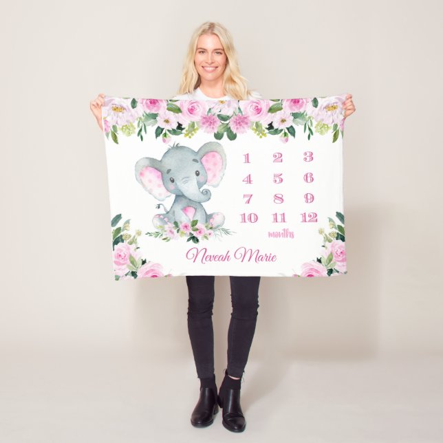Personlig Flicka Elephant Milestone Namn Fleecefilt (På plats)