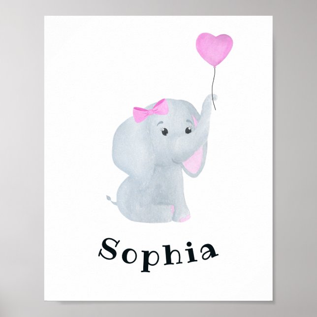 Personlig Flicka Elephant Nursery Wall Art Poster (Framsidan)