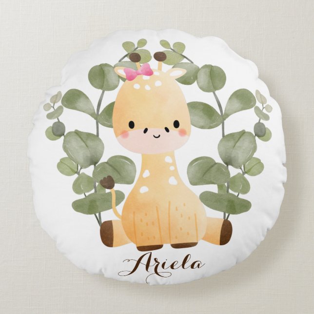 Personlig, Flicka Giraffe Round Dekorativ kudde (Framsidan)