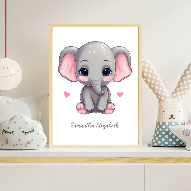Personlig Flicka Nursery Rosa Grått Elephant Poster (Personalized Pink elephant Nursery wall Art poster.  Baby Shower gift for baby girl. Add her name)