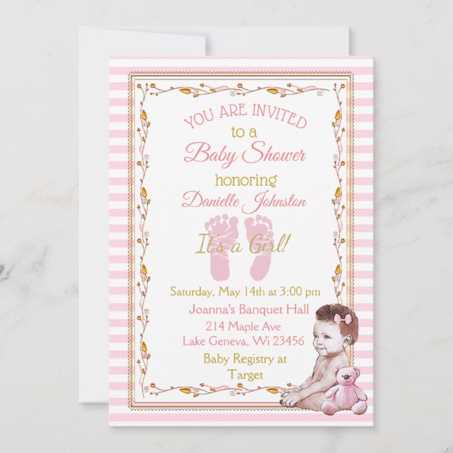 Personlig Flicka Rosa och Guld Baby Shower Inbjudningar (Framsida)