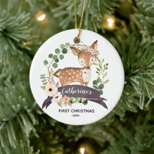 Personlig Flicka Woodland, första jul Julgransprydnad Keramik