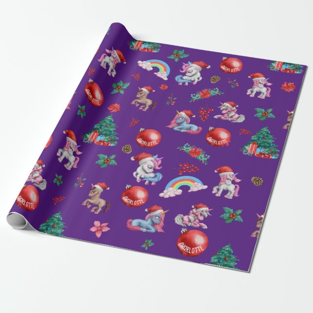 Personlig Flickjulafton Wrapping Papper Unicorn Presentpapper (Utrullad)