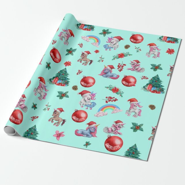 Personlig Flickjulafton Wrapping Papper Unicorn Presentpapper (Utrullad)