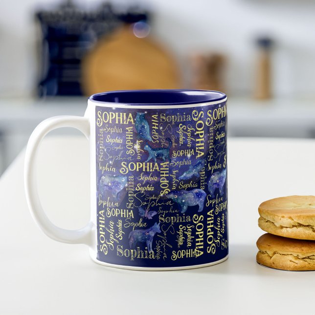 Personlig-flickor, boskap i namn Två-Tonad mugg (Personalized girls name celestial animals collage Two-Tone coffee mug)