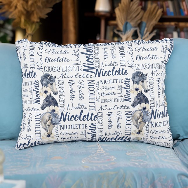 Personlig-flickornas kuddar vid namn med hästar (Personalized girls name collage pillow with horses horse girl gifts)