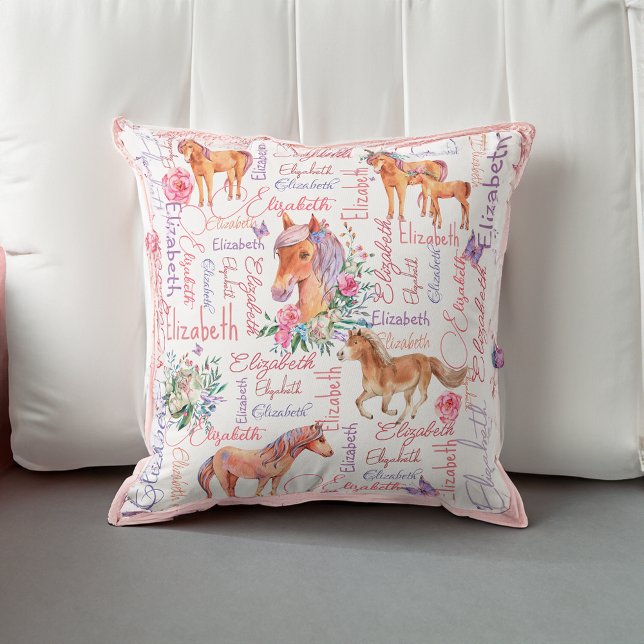 Personlig-flickors namn-släktskap med ponnyer kudde (Personalized girls name collage with ponies throw pillow)