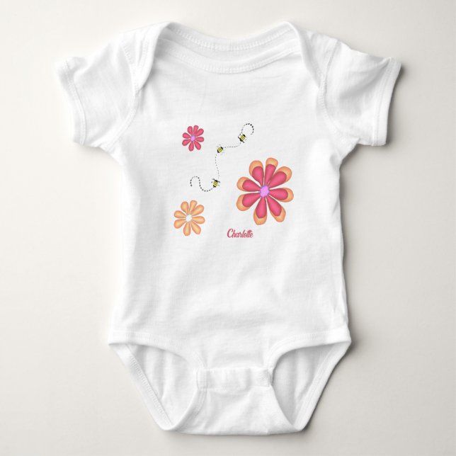 Personlig Flowers and Bees Baby Bodykostym T Shirt (Framsida)