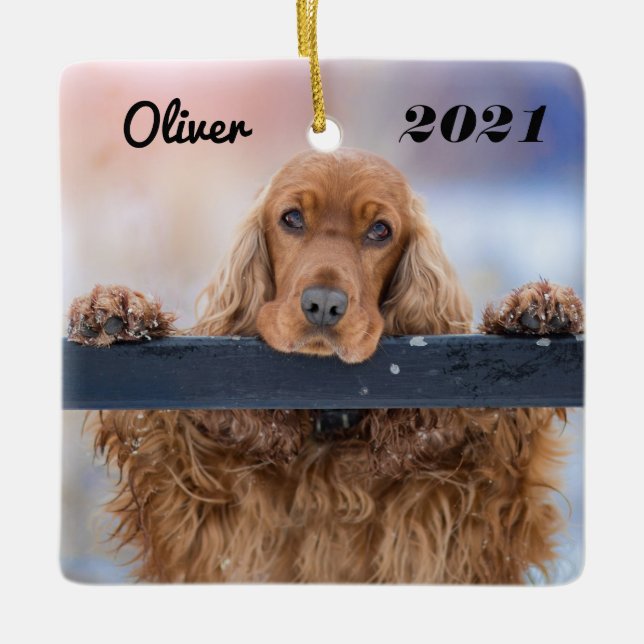 Personlig Fluffy Brown Cocker Spain Hund Julgransprydnad Keramik (Framsida)