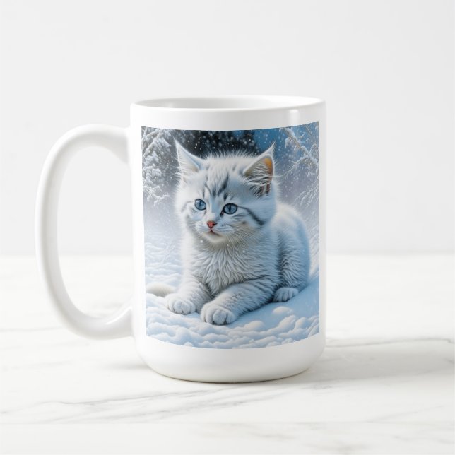 Personlig Fluffy White Kitten i Snö Kaffemugg (Vänster)