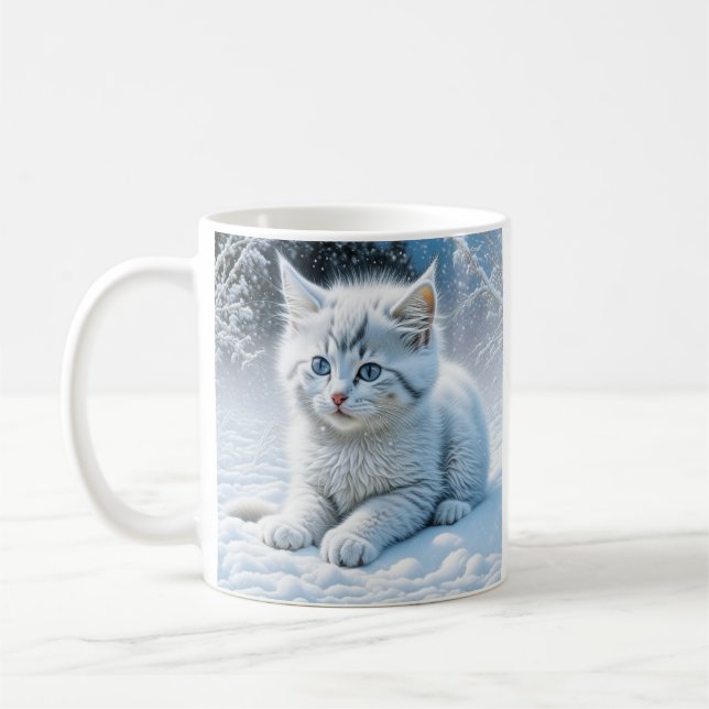 Personlig Fluffy White Kitten i Snö Kaffemugg (Vänster)