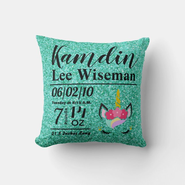 Personlig Födelse Enhörning Teal Glitter Kudde (Framsida)