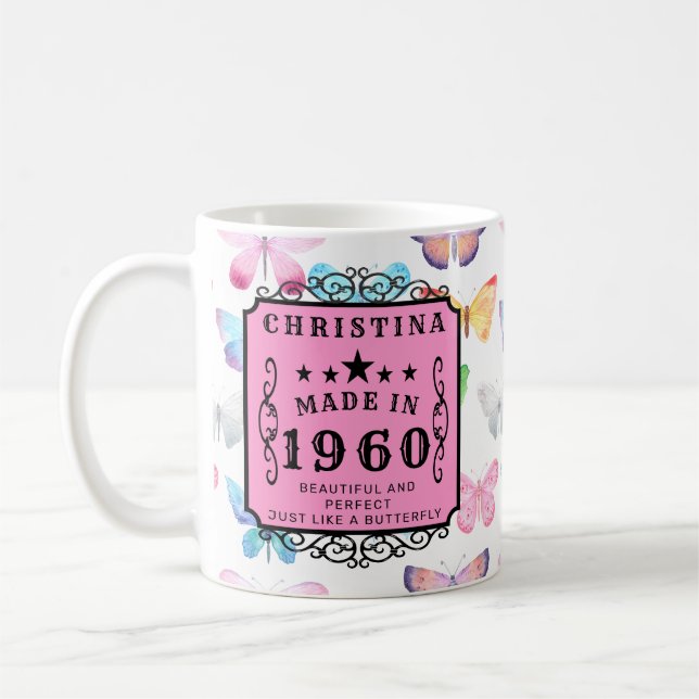 Personlig födelsedag 1960 Lägg till din namnfjäril Kaffemugg (Vänster)