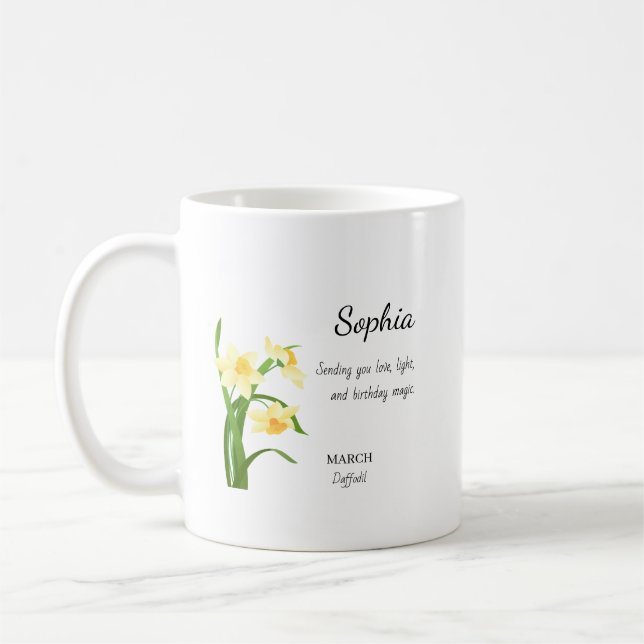 Personlig födelsedag i mars med påskenlilja kaffemugg (Vänster)