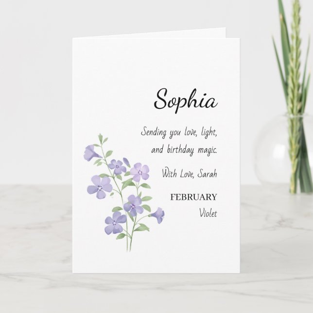 Personlig födelsedag med februari Violett Kort (Framsida)