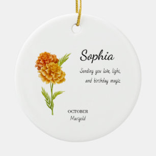 Personlig födelsedag med oktober-marigold julgransprydnad keramik