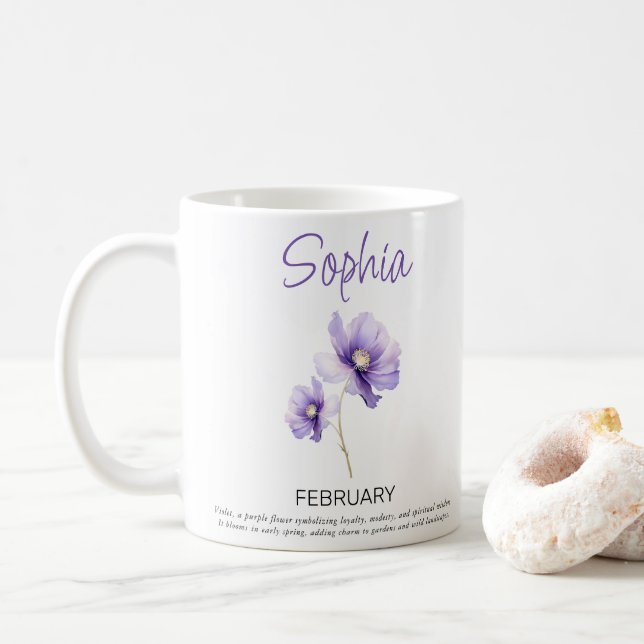 Personlig födelsedagsblomma för februari kaffemugg (Med munk)