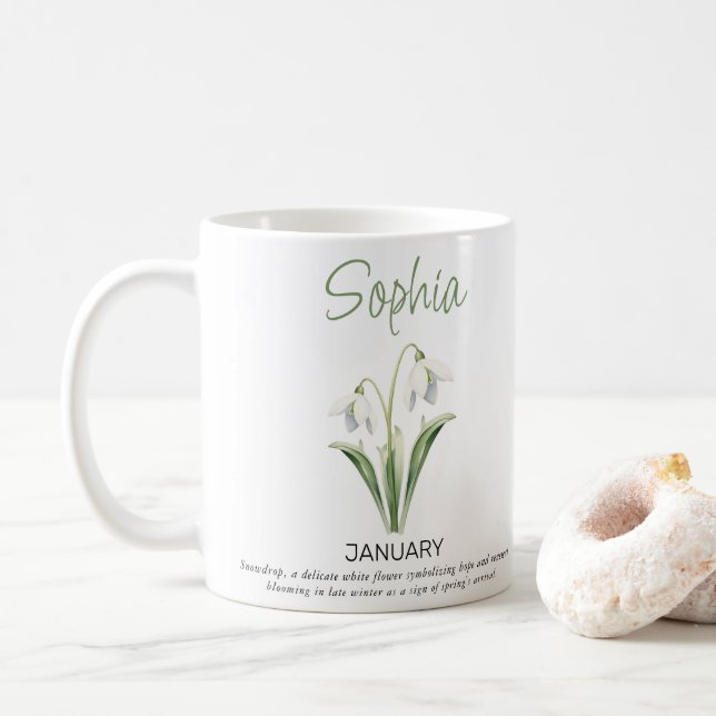 Personlig födelsedagsblomma för januari kaffemugg (Med munk)