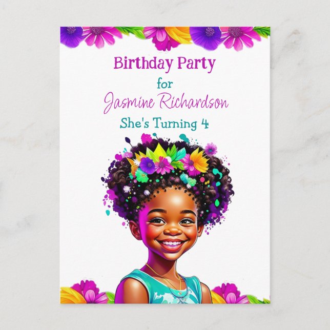 Personlig Födelsedagsfest African-American Girl Inbjudan Vykort (Framsida)