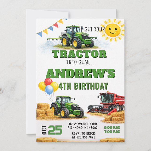 Personlig födelsedagsfest med ranch-traktor inbjudningar (Framsida)