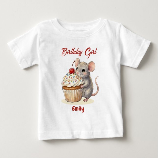 Personlig Födelsedagsflicka | Söt Mus & Cupcake T Shirt (Framsida)