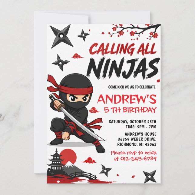 Personlig födelsedagsinbjudan för barn - Ninja Inbjudningar (Framsida)