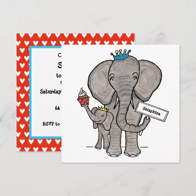 Personlig födelsedagsinbjudan till elefant och beb (Fram/baksida)