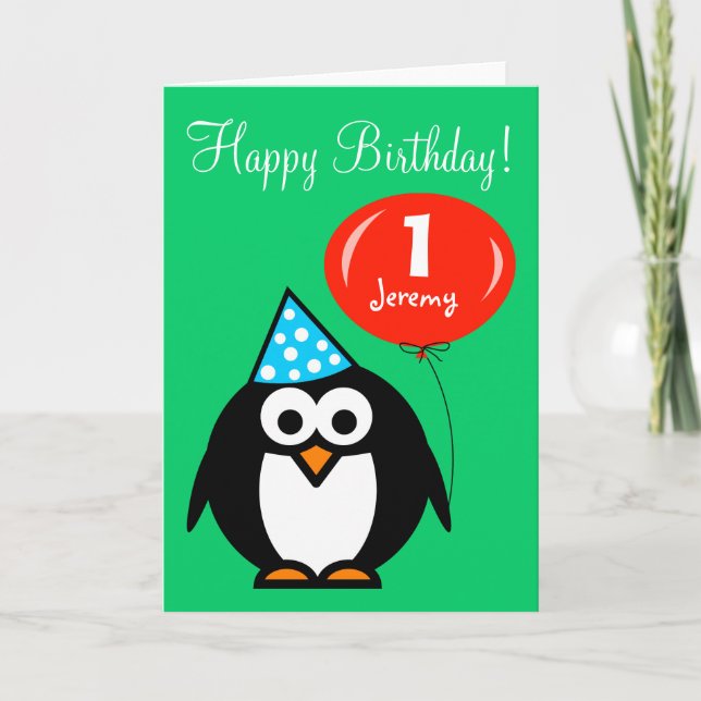 Personlig födelsedagskort | Penguin med ballong Kort (Framsida)