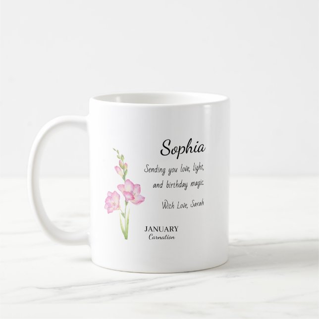 Personlig födelsedagspresent Januari Nejlika Kaffemugg (Vänster)