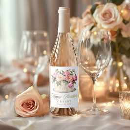 Personlig Födelsedagstårta Feminina Blommor Vinflaska Etikett