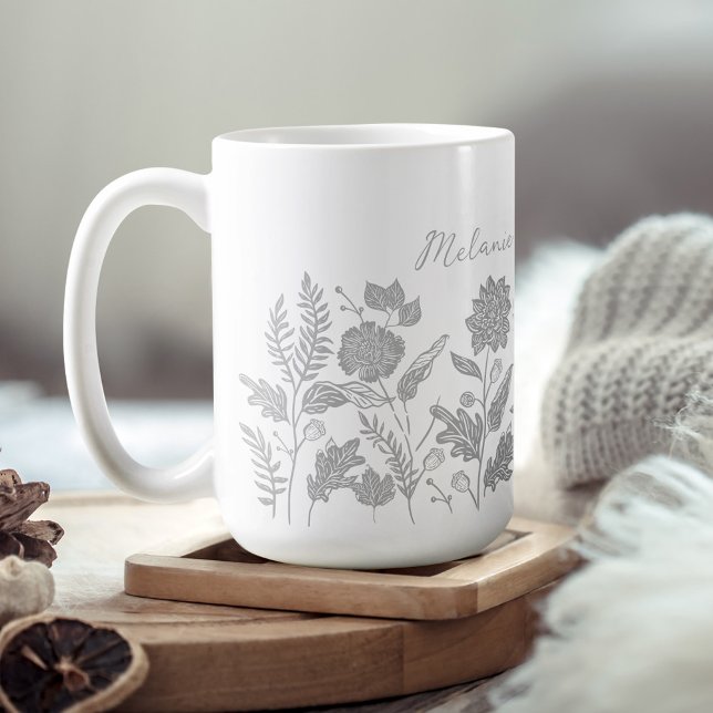 Personlig Foliage Autumn Flowers Grått Kaffemugg (Personalized Foliage Autumn Flowers Grey Coffee Mug)