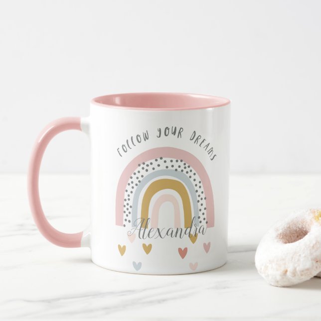 Personlig Följ din Dreams Rosa Rainbow Namn Mugg (Med munk)
