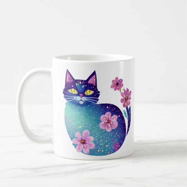 Personlig Folk Art Cat and Flowers Kaffemugg (Vänster)