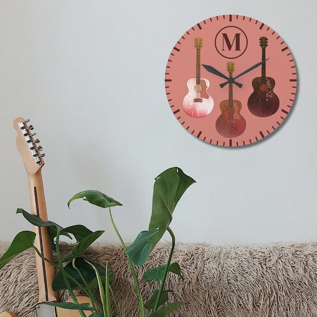 personlig för akustiska gitarrer stor klocka (Rustic acoustic guitar monogram initial brown wall clock country music style illustration )