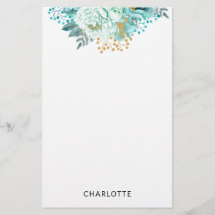 Personlig för Aqua Blue Guld Blommigt Stationery Brevpapper