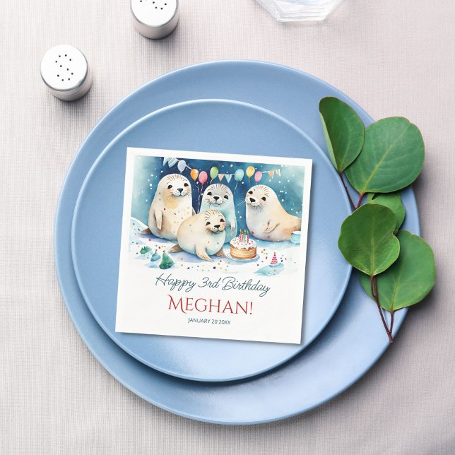 Personlig för arktisk sälhöstfödelsedag pappersservett (Arctic seal winter wonderland birthday party personalized napkins template customizable table decor)