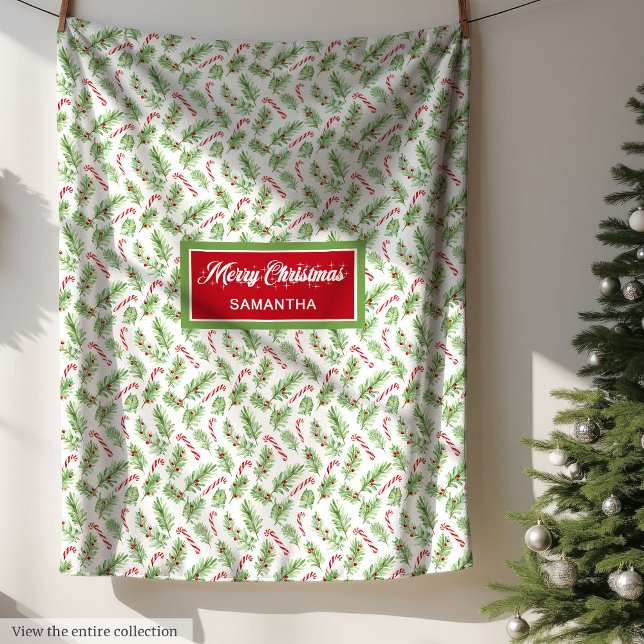 Personlig för  av vattenfärgsjul, polkagrisar fleecefilt (Watercolor Christmas candy canes personalized Fleece Blanket )